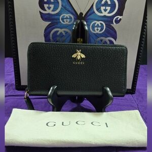 Gucci Animalier Bee Black Leather Zip Around Long Wallet